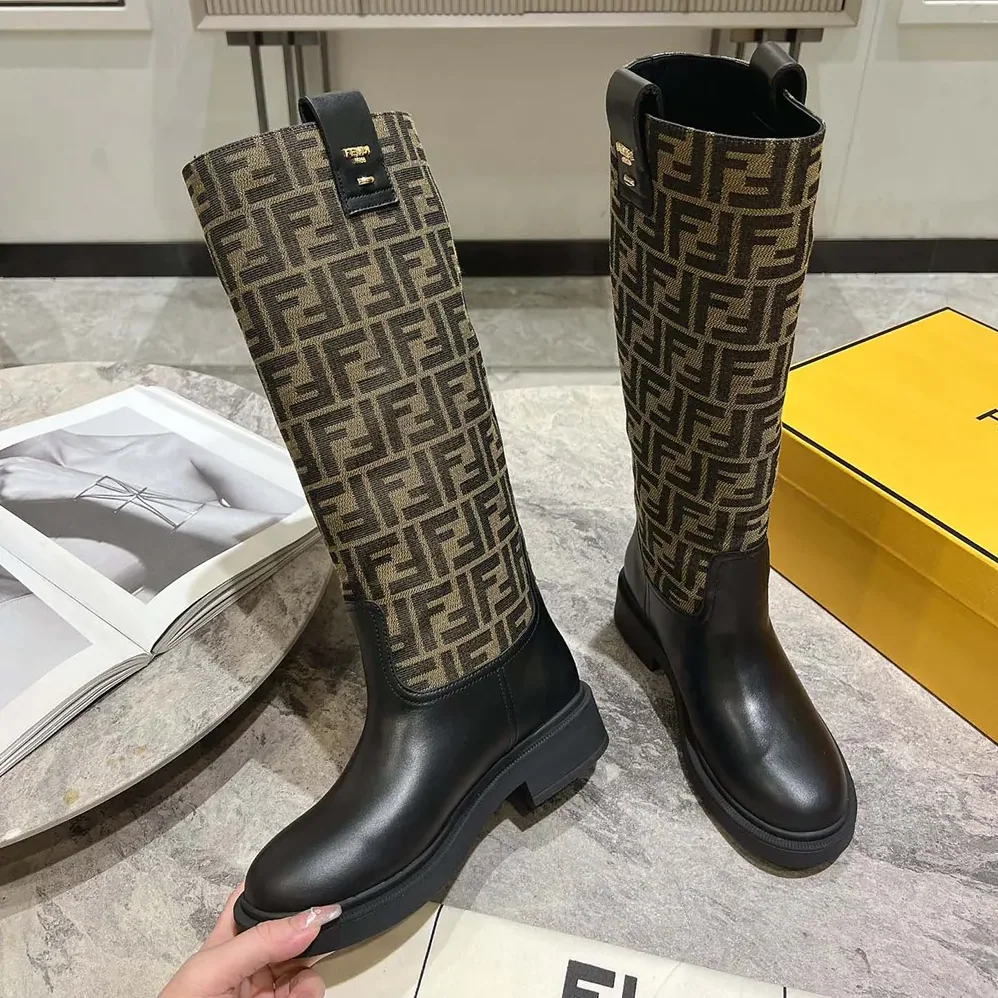 Fendi Filo Black Leather and Brown FF Fabric Boots for Women Fendi Filo Black Leather and Brown FF Fabric Boots for Women