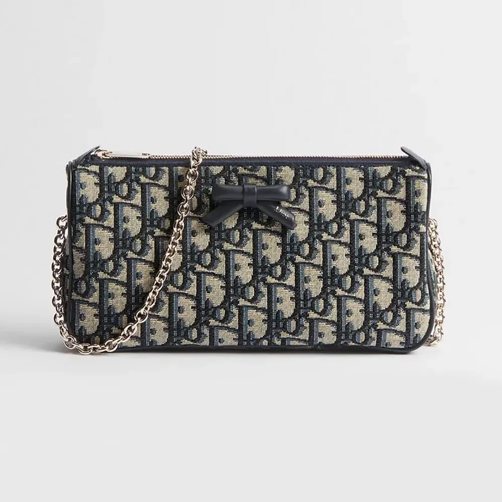 Dior Oblique Bow Pouch with Chain Blue Dior Oblique Jacquard for Women