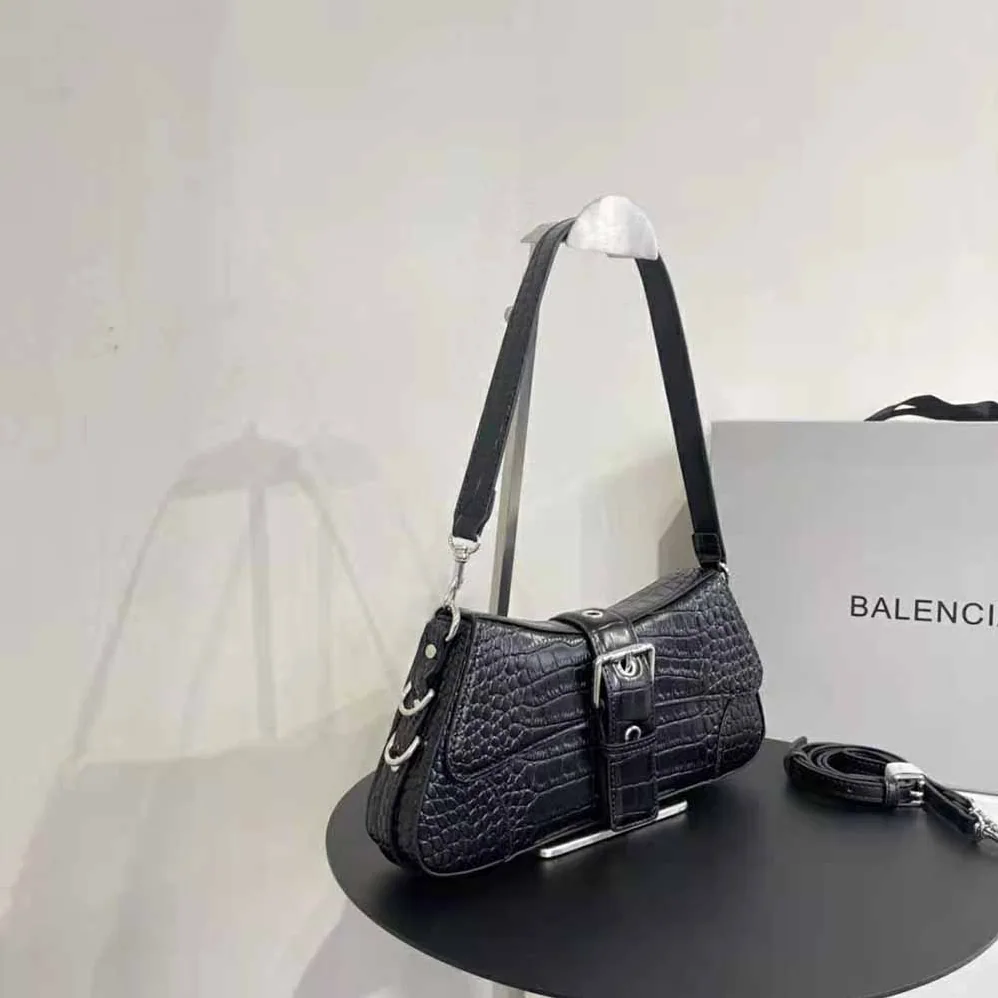Balenciaga Lindsay Small Shoulder Bag with Strap Crocodile Embossed for Women in Black