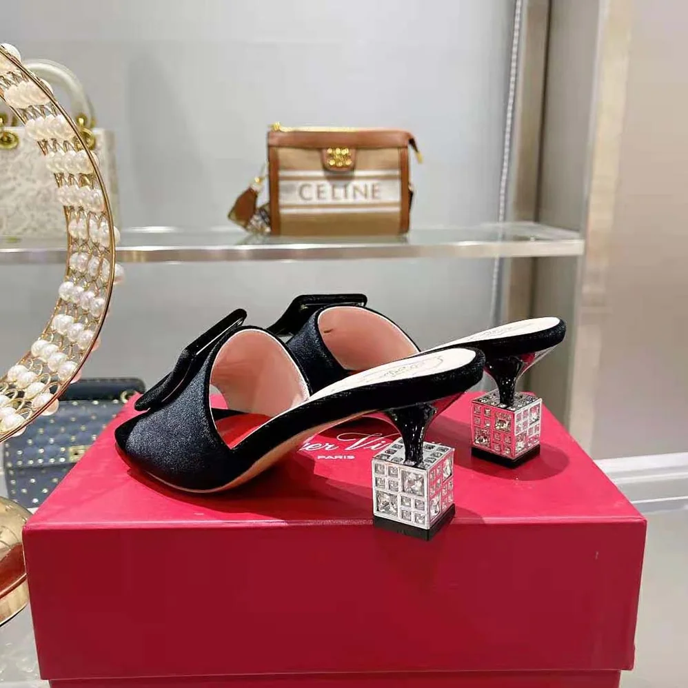 Roger Vivier Cube Strass Heel Mules in Satin for Women in Black Roger Vivier Cube Strass Heel Mules in Satin for Women in Black