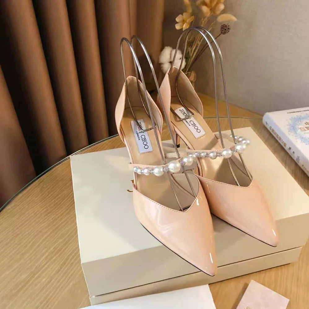 Jimmy Choo Aurelie 85 Ballet Pink Patent Leather Pointed Pumps with Pearl Embellishment for Women