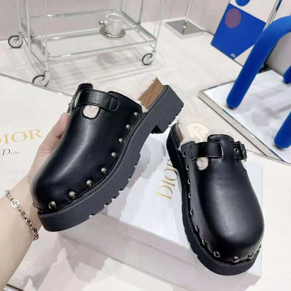 Dior Diorquake Clog Black Calfskin and White Shearling for Women