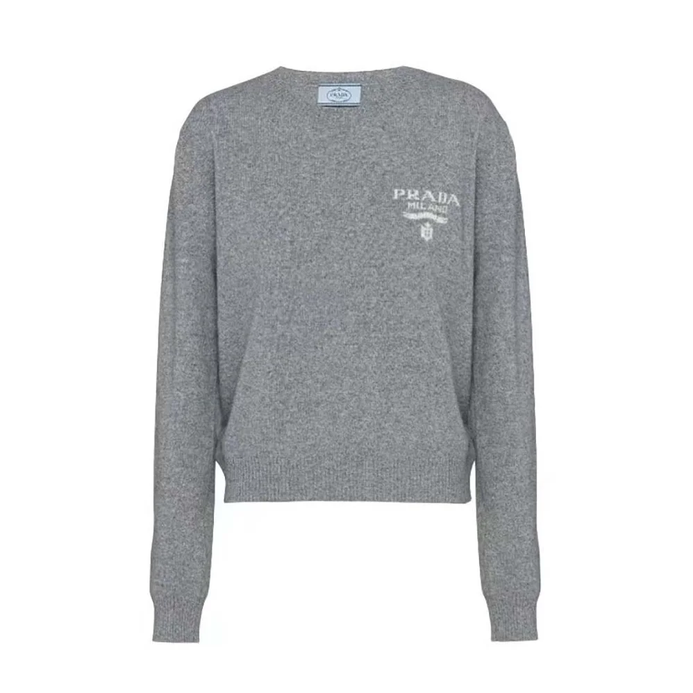 Prada Cashmere and Silk Sweater With Intarsia Logo for Women in Silver