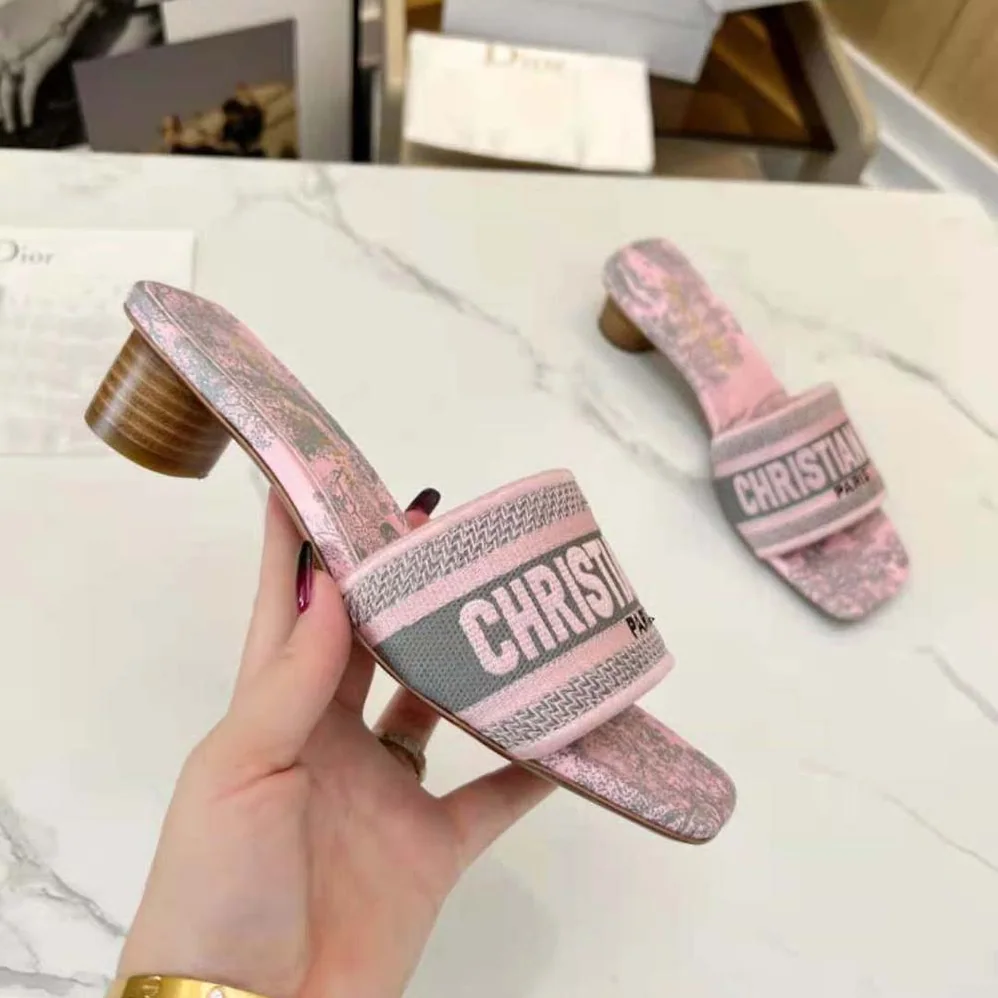 Dior Dway heeled Slide Gray and Pink Embroidered Cotton with Toile de Jouy Reverse Motif for Women
