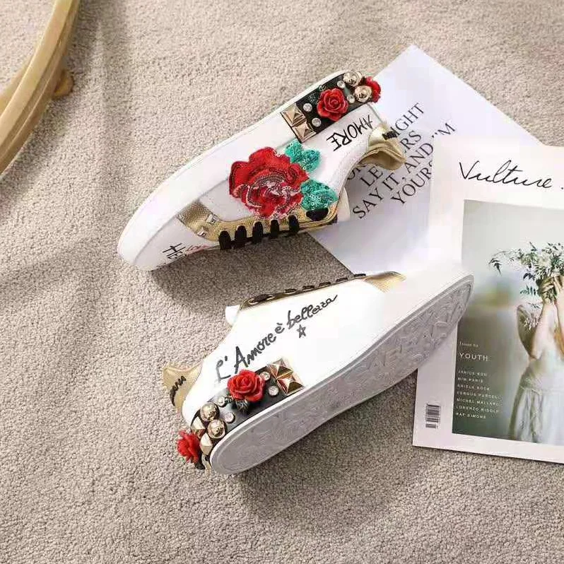 Dolce Gabbana D&G Sneakers in Printed Nappa Calfskin with Applications for Women in White