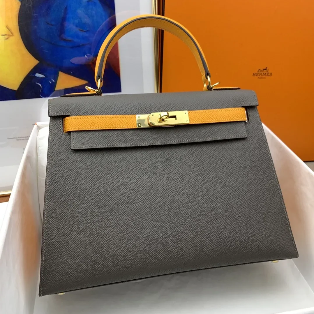 Hermes Kelly 28 Sellier Epsom Dark Grey in Yellow Bag