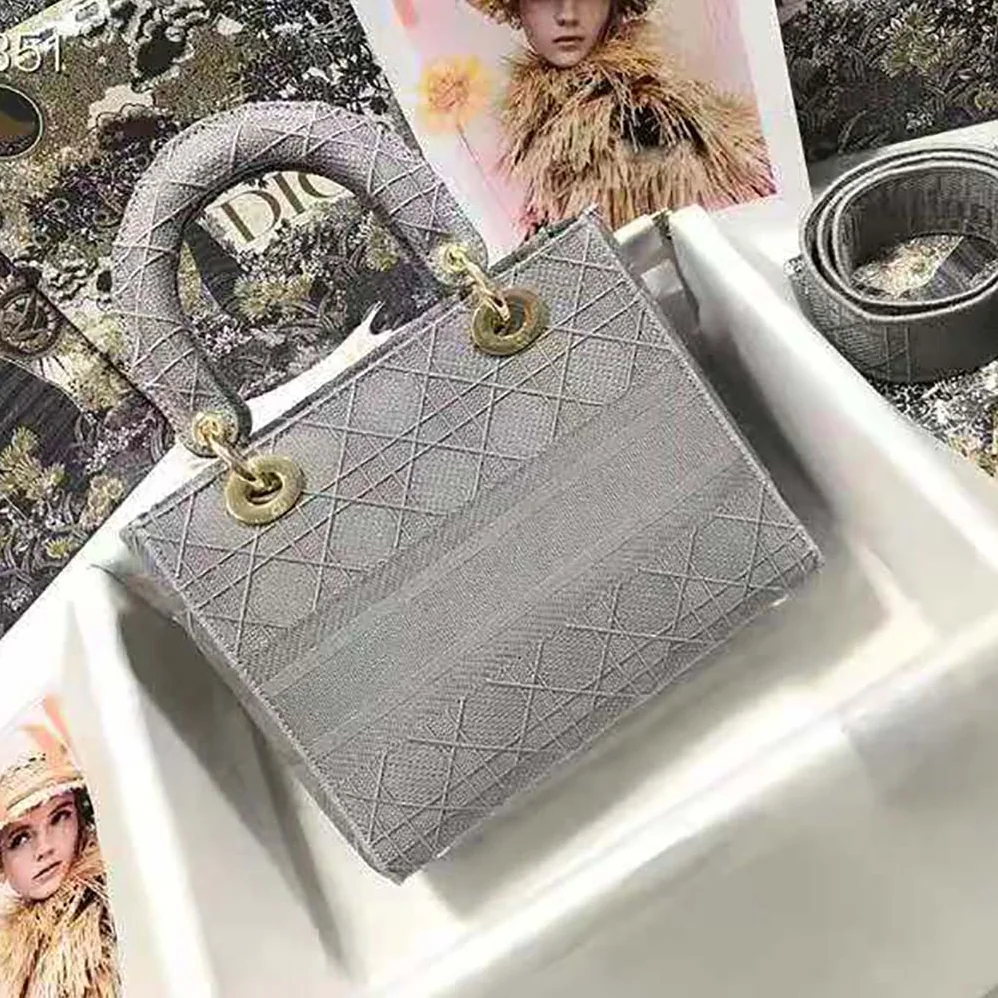 Dior Medium Lady D-Lite Bag Cannage Embroidery in Silver Dior Medium Lady D-Lite Bag Cannage Embroidery in Silver