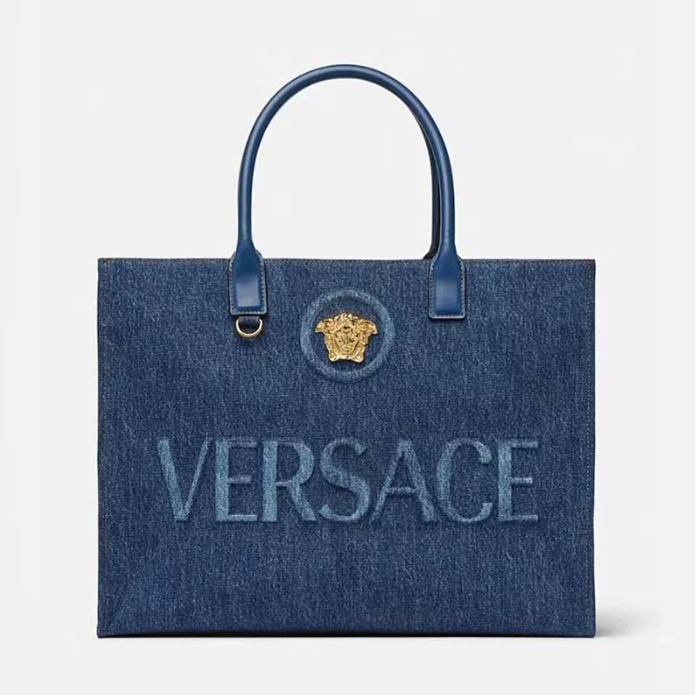 Versace La Medusa Denim Large Tote Bag for Women in Blue Versace La Medusa Denim Large Tote Bag for Women in Blue