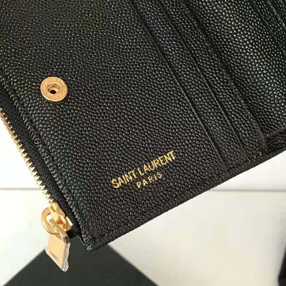 Saint Laurent YSL Monogram Zipped Card Case in Grain DE Poudre Embossed Leather for Women