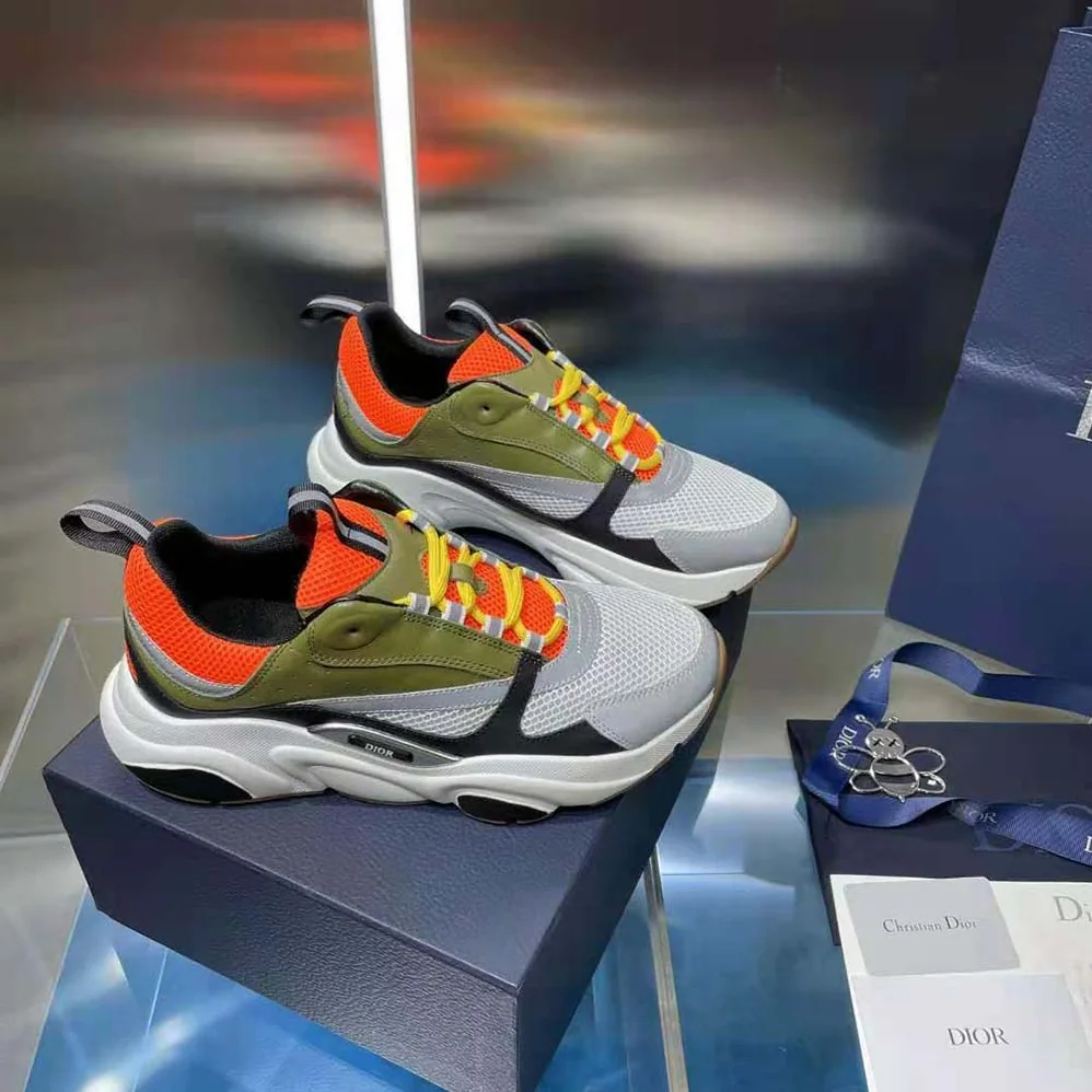 Dior B22 Sneaker Orange and White Technical Mesh with Khaki and Black Smooth Calfskin for Men Dior B22 Sneaker Orange and White Technical Mesh with Khaki and Black Smooth Calfskin for Men