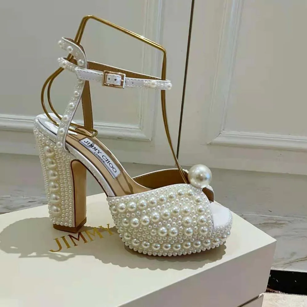 Jimmy Choo Sacaria/pf 120 White Satin Platform Sandals with All for Women in Over Pearl Embellishment