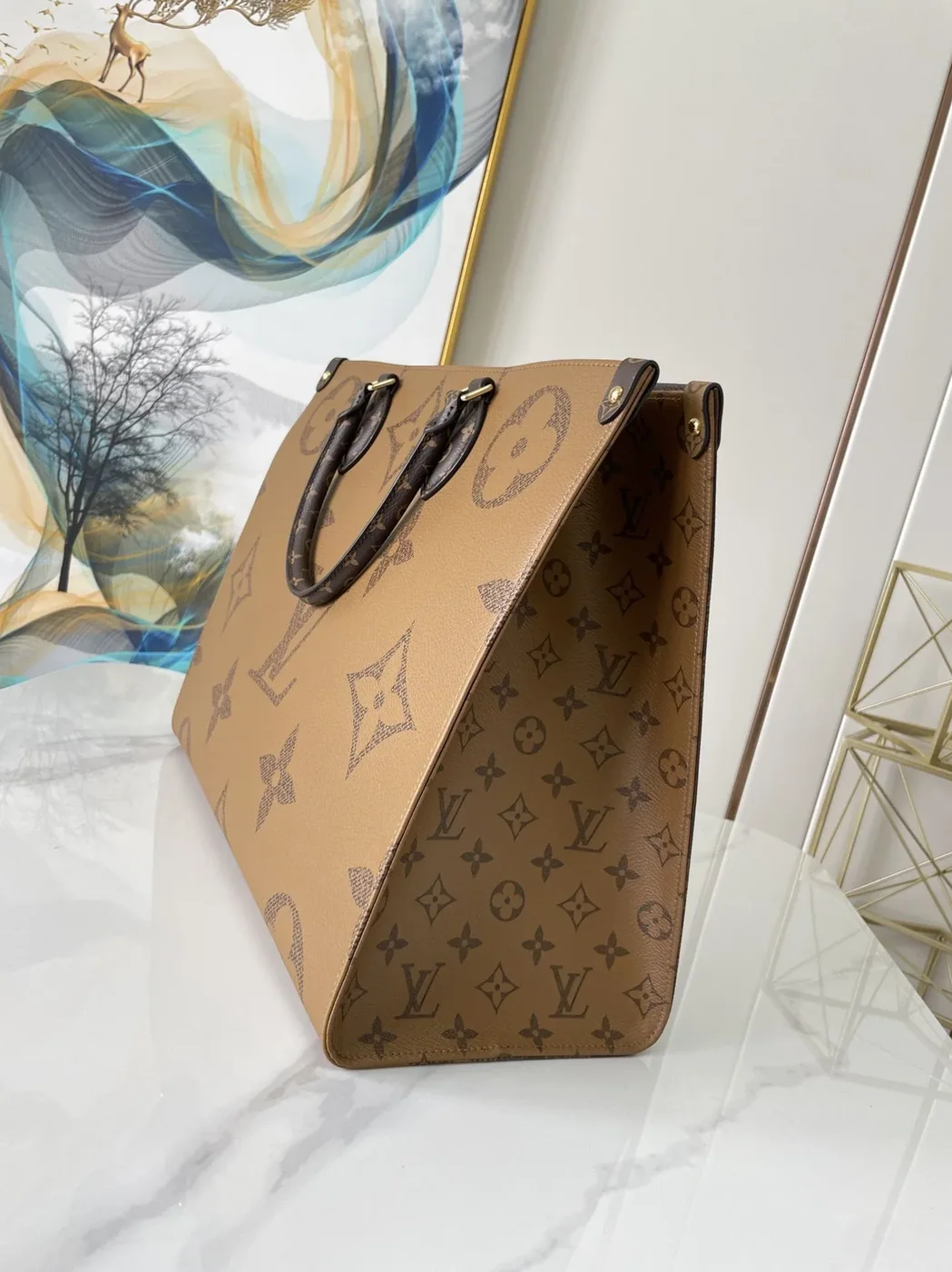 Louis Vuitton OnTheGo GM Tote Bag / Monogram Reverse Canvas Gold Hardware