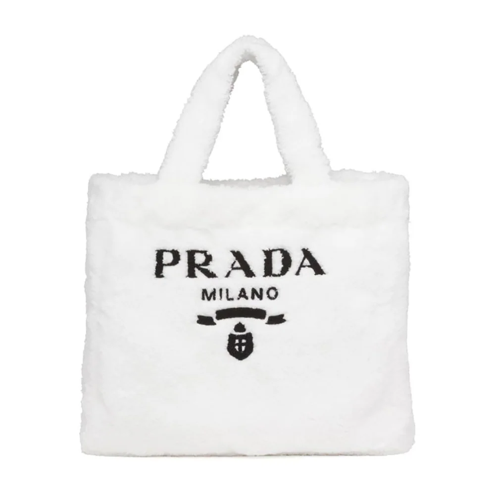 Prada Enameled Metal Triangle Logo Terry Tote Bag for Women in White