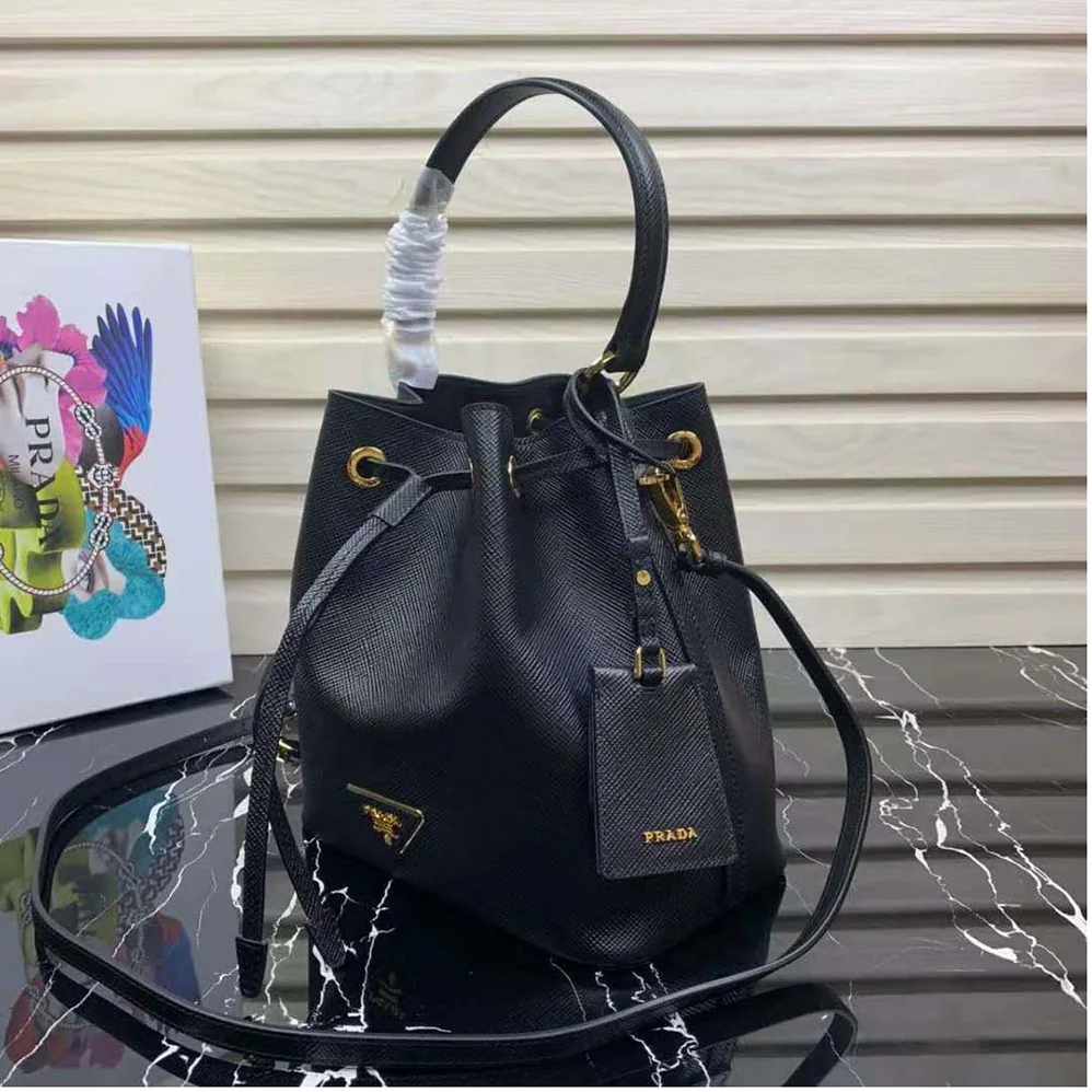 Prada Saffiano Leather Bucket Bag for Women in Black
