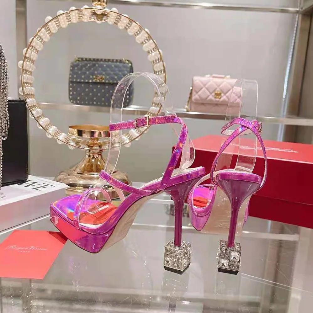 Roger Vivier Cube Strass Heel Sandals in Leather for Women in Purple Roger Vivier Cube Strass Heel Sandals in Leather for Women in Purple