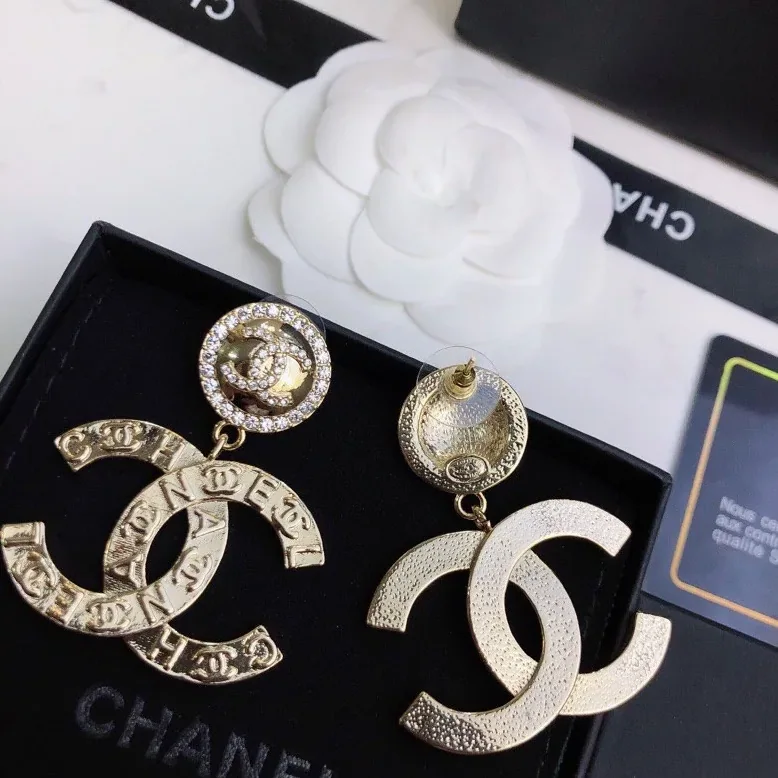 Chanel Engraved Pattern Douple C Earrings Gold Tone Chanel Engraved Pattern Douple C Earrings Gold Tone