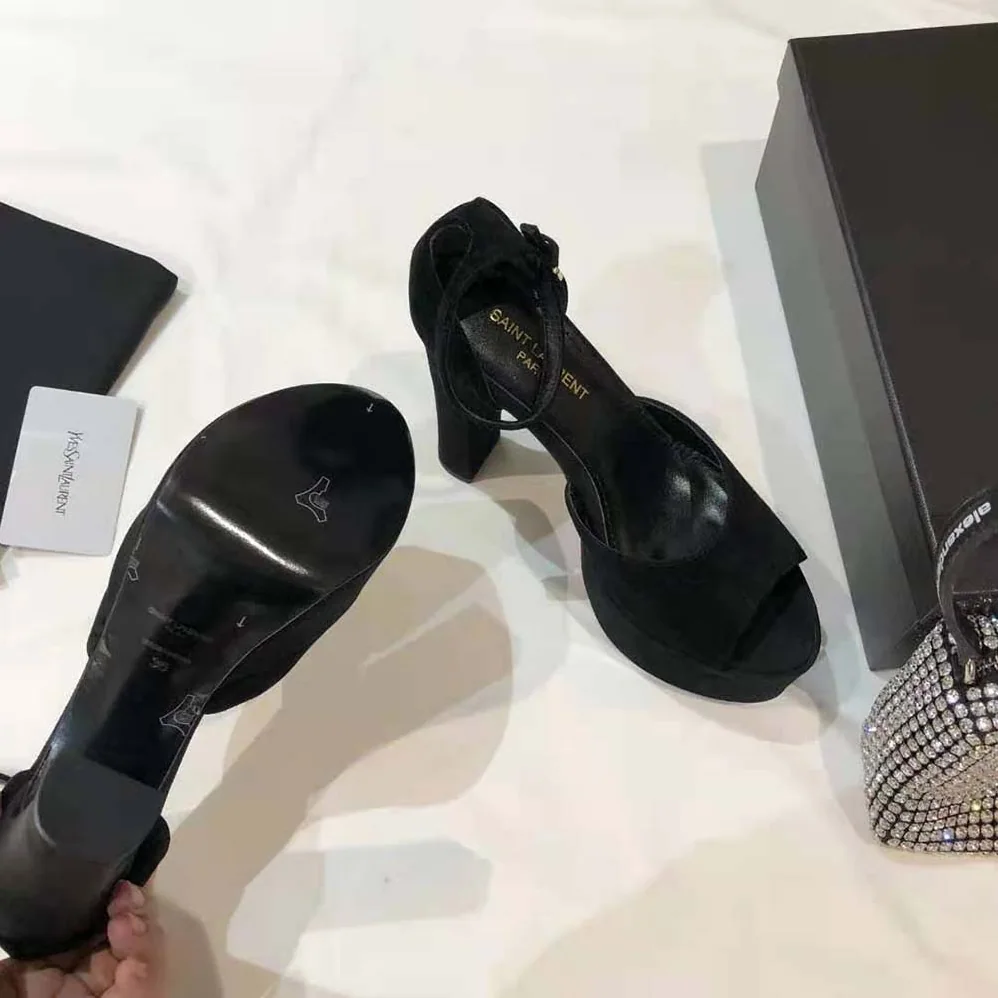 Saint Laurent YSL Jodie Platform Sandals in Suede for Women in Black