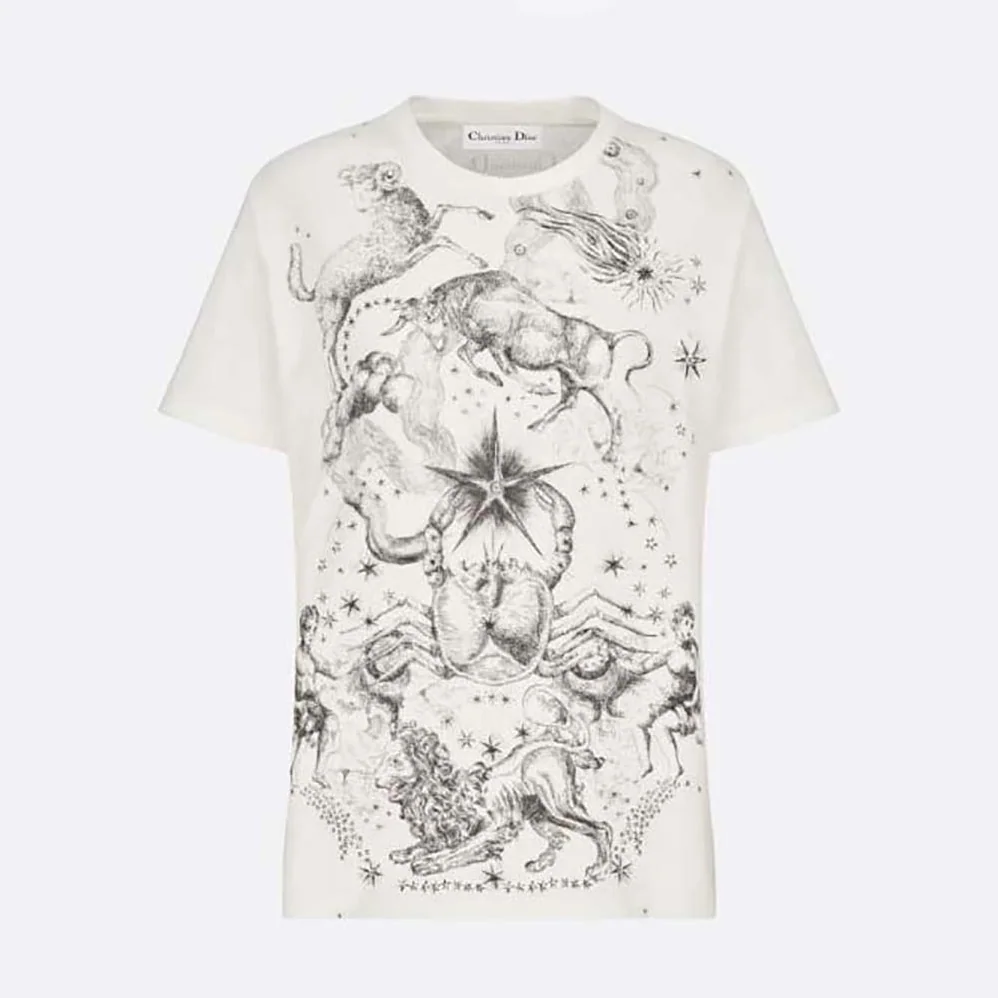 Dior T-shirt White Cotton Jersey with Melothesia Motif for Women Dior T-shirt White Cotton Jersey with Melothesia Motif for Women