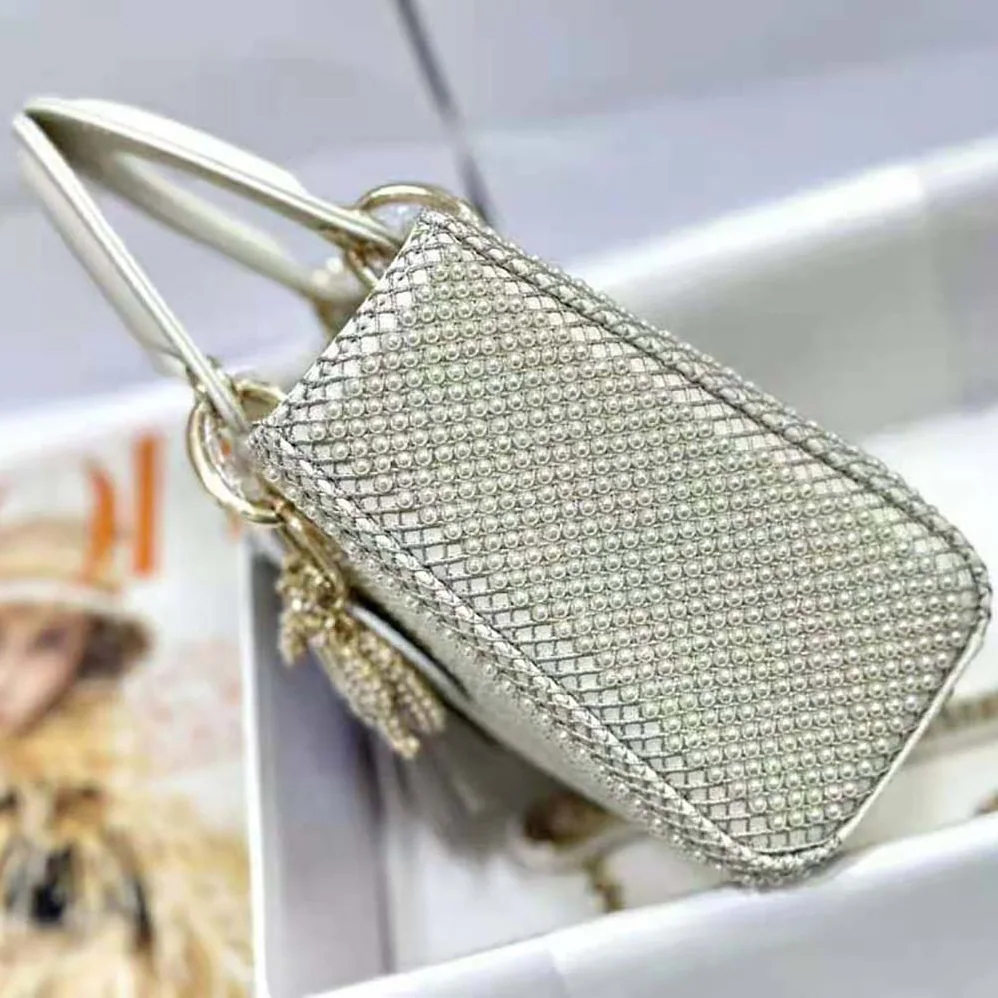 Dior Mini Lady Dior Bag Latte Calfskin Embroidered Entirely with White Resin Pearls for Women