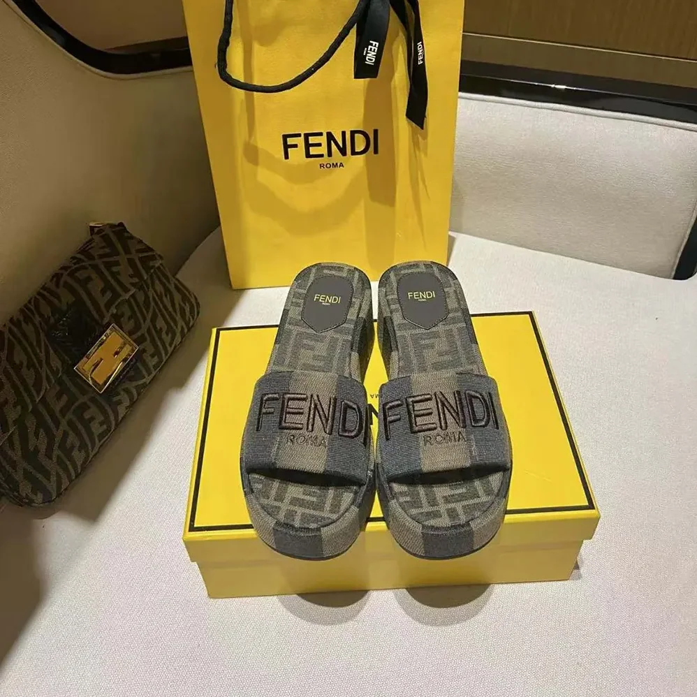 Fendi Sunshine Brown Fabric Flatform Slides for Women