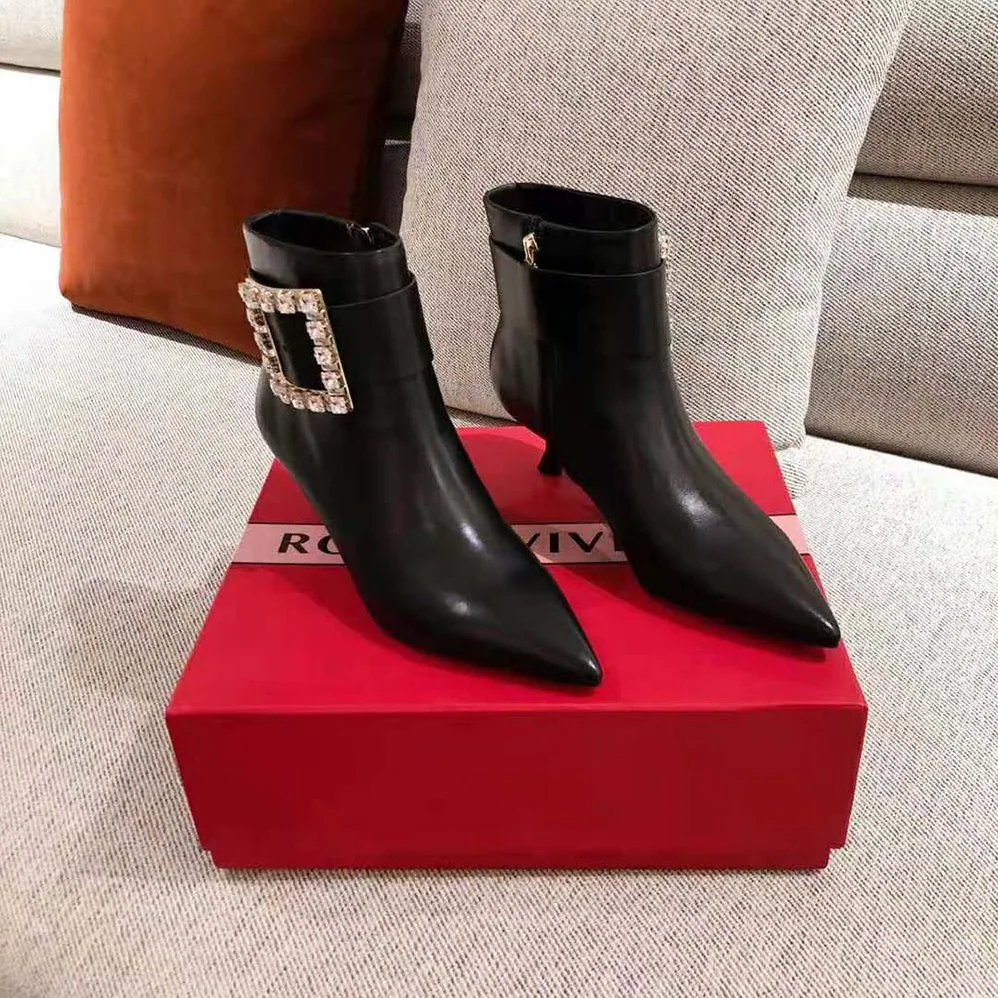 Roger Vivier Pointy Strass Buckle Booties in Leather-4.5cm Heel for Women