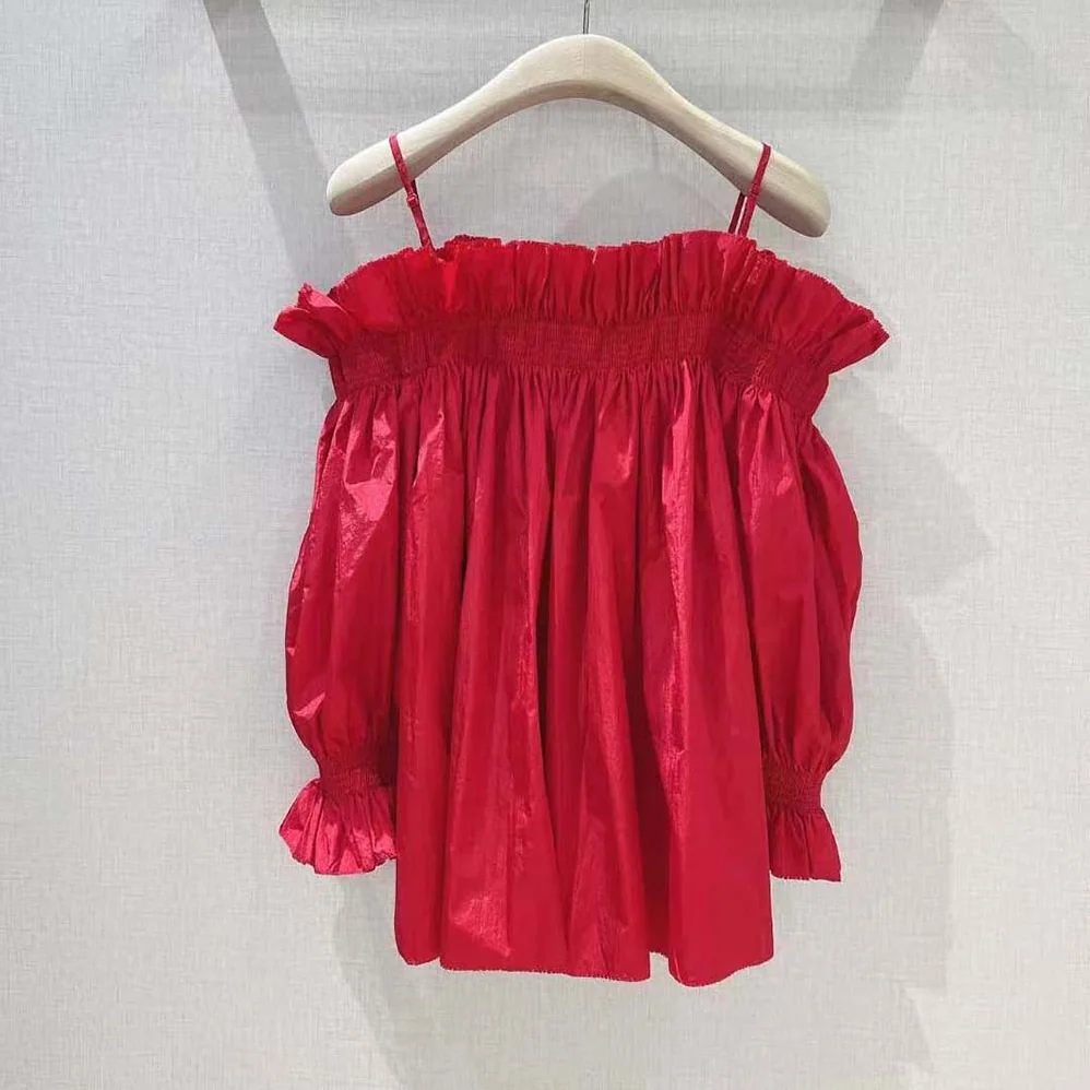 Dior Off-the-Shoulder Smocked Top Scarlet Red Silk Taffeta for Women