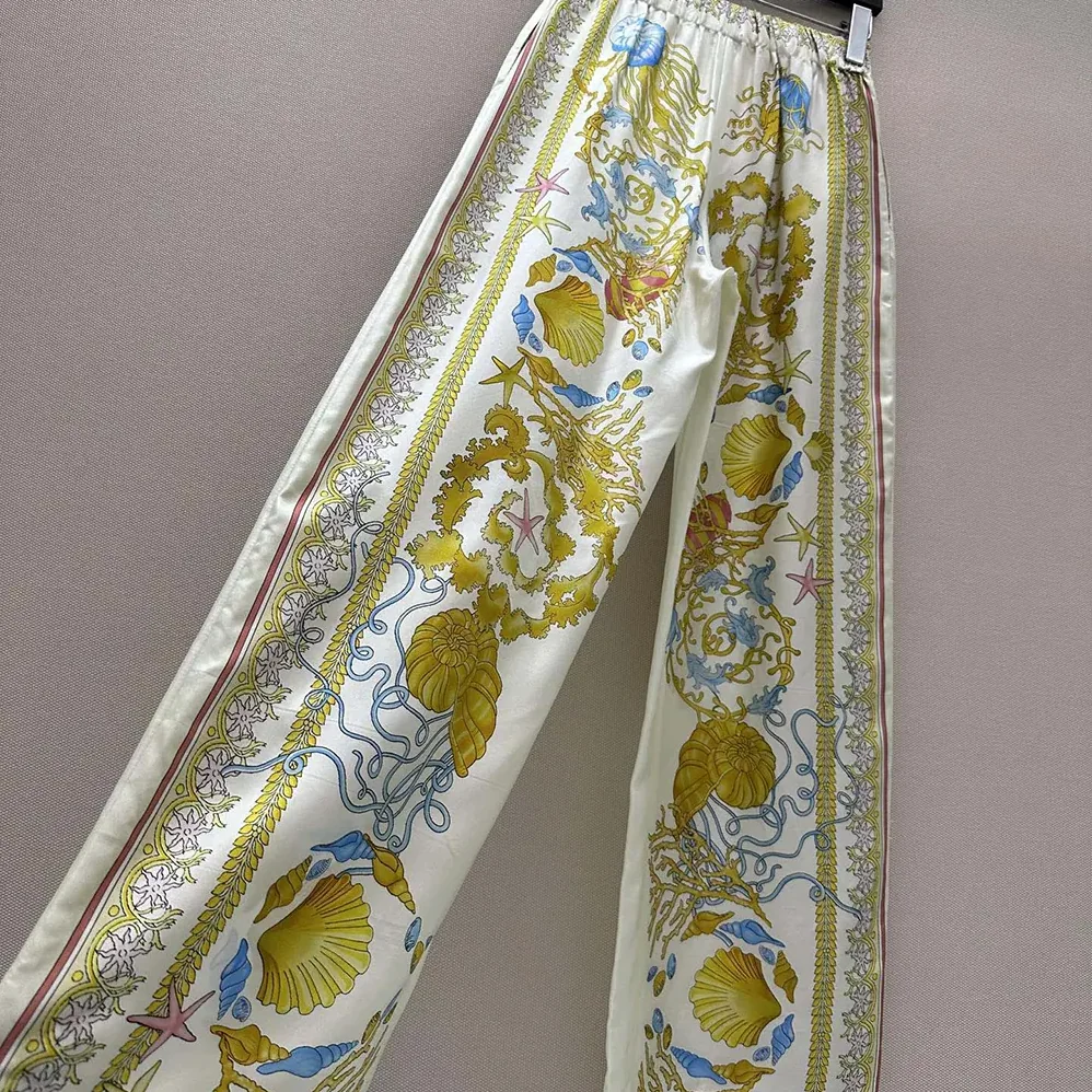 Versace Underwater Barocco Silk Pants for Women in Yellow