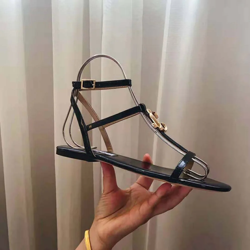 Jimmy Choo Alodie Flat Black Nappa and Patent Leather Flat Sandals for Women Jimmy Choo Alodie Flat Black Nappa and Patent Leather Flat Sandals for Women