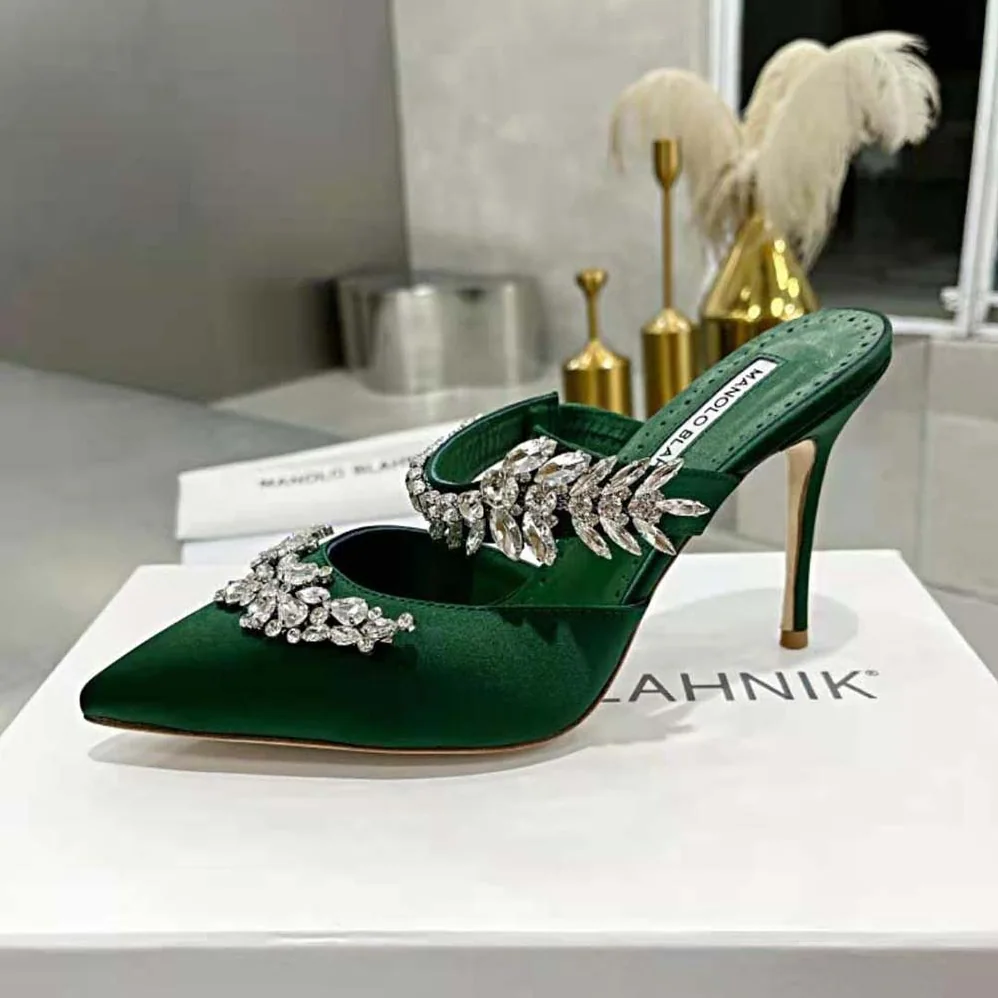 Manolo Blahnik Green Satin Crystal Embellished Mules for Women Manolo Blahnik Green Satin Crystal Embellished Mules for Women