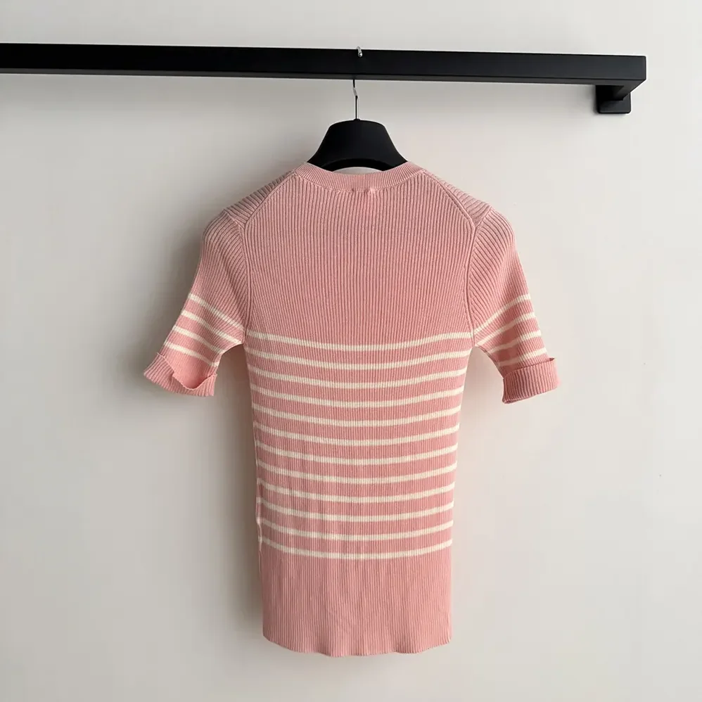 Dior Dioriviera Short-Sleeved Fitted Sweater White and Pink D for Women in Stripes Ribbed Cotton Knit Dior Dioriviera Short-Sleeved Fitted Sweater White and Pink D for Women in Stripes Ribbed Cotton Knit