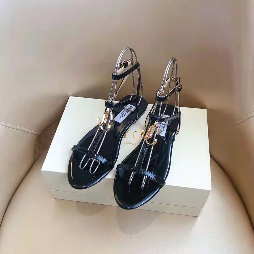 Jimmy Choo Alodie Flat Black Nappa and Patent Leather Flat Sandals for Women Jimmy Choo Alodie Flat Black Nappa and Patent Leather Flat Sandals for Women