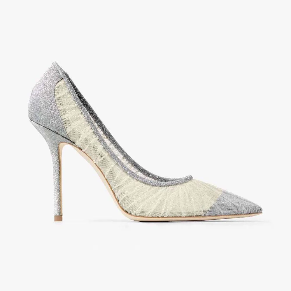 Jimmy Choo Love 100 Metallic Silver Glitter Fabric Pumps with Ivory Tulle Overlay for Women Jimmy Choo Love 100 Metallic Silver Glitter Fabric Pumps with Ivory Tulle Overlay for Women