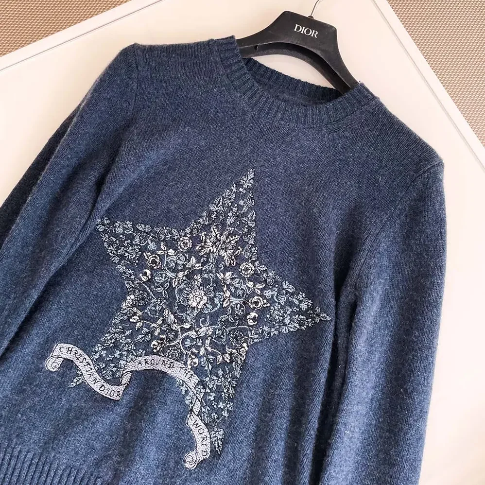 Dior Embroidered Sweater Blue Cashmere Knit for Women