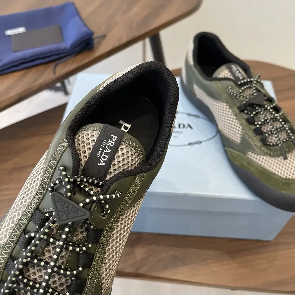 Prada Speedrock Leather And Mesh Fabric Sneakers for Unisex in Dark Green