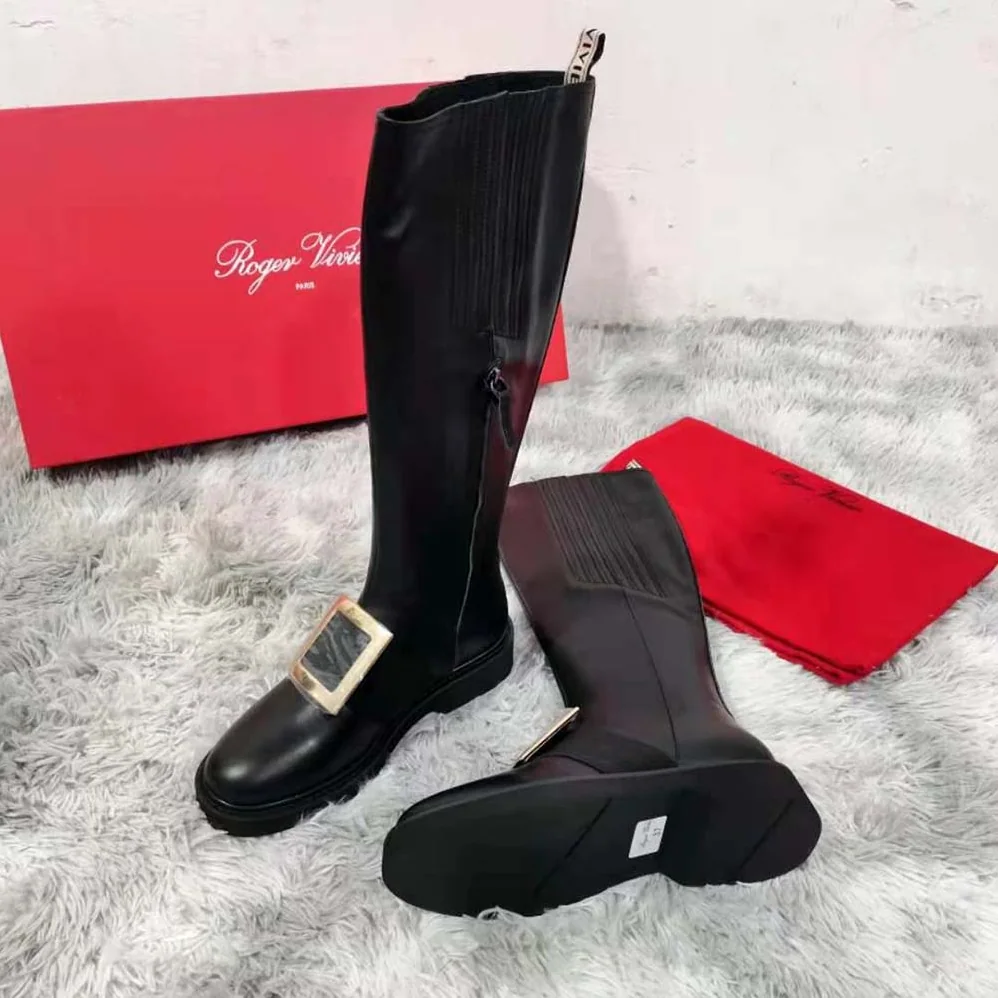 Roger Vivier Rangers Metal Buckle Boots in Leather for Women in Black