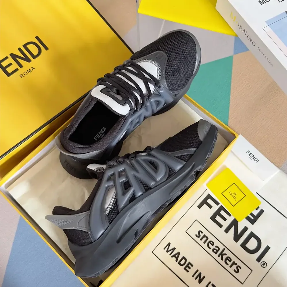 Fendi Tag Sneakers Black Technical Mesh Running Sneakers for Men Fendi Tag Sneakers Black Technical Mesh Running Sneakers for Men