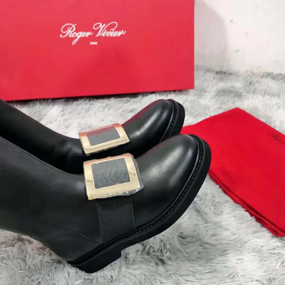 Roger Vivier Rangers Metal Buckle Boots in Leather for Women in Black