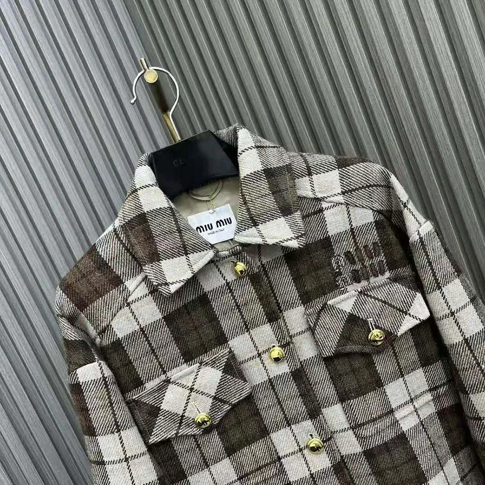 Miu Miu Check Blouson Jacket with Embroidered Logo for Women