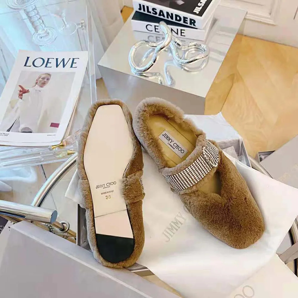 Jimmy Choo Krista Flat Latte Faux Fur Flats with Crystal for Women in Embellished Strap Jimmy Choo Krista Flat Latte Faux Fur Flats with Crystal for Women in Embellished Strap