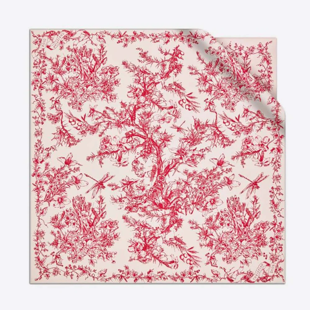 Dior Toile De Jouy Flowers Square Scarf Ivory and Red Silk Twill for Women Dior Toile De Jouy Flowers Square Scarf Ivory and Red Silk Twill for Women