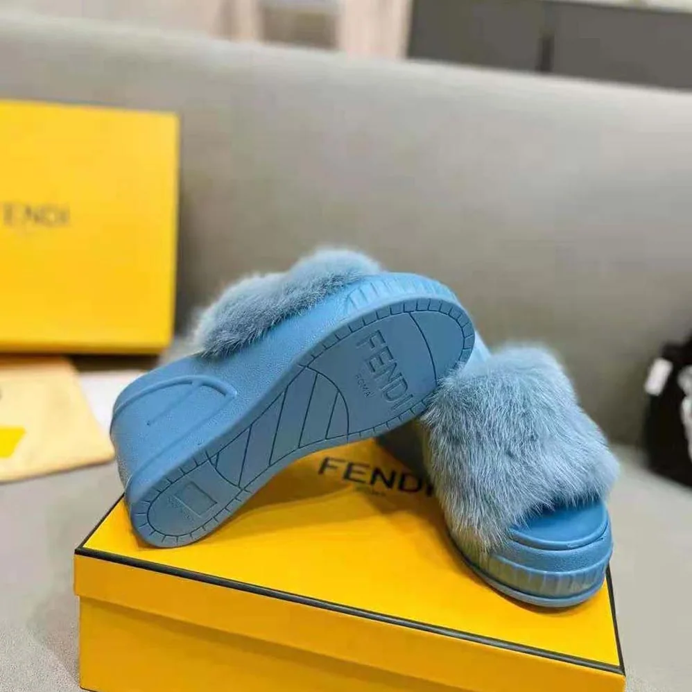 Fendi Fashion Show Blue Mink Slides for Women