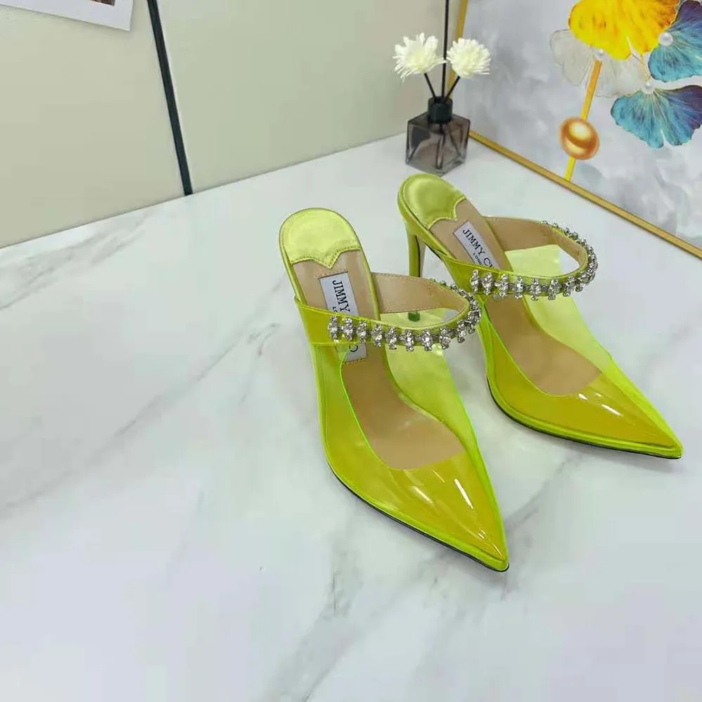 Jimmy Choo Bing 100 Neon Yellow Plexi Mules with Yellow Crystal Strap for Women Jimmy Choo Bing 100 Neon Yellow Plexi Mules with Yellow Crystal Strap for Women
