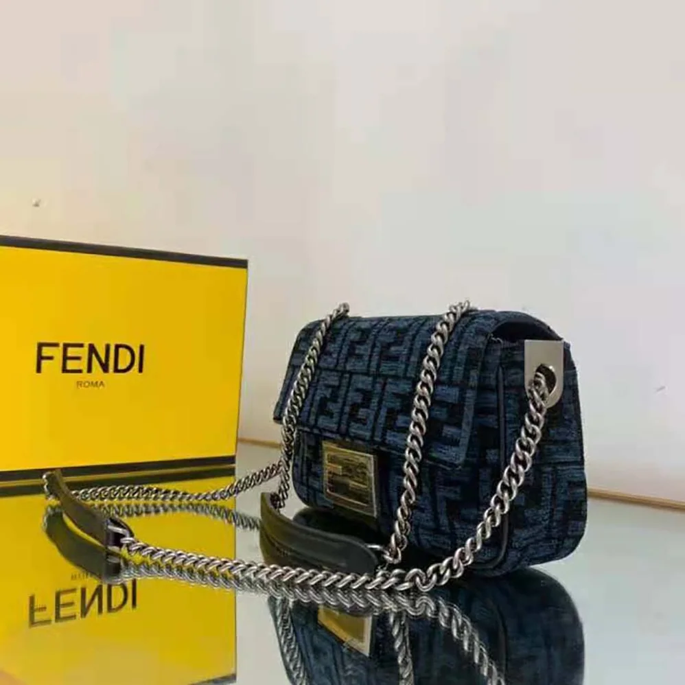 Fendi Baguette Chain Midi Dark Blue FF Tapestry Fabric Bag for Women Fendi Baguette Chain Midi Dark Blue FF Tapestry Fabric Bag for Women
