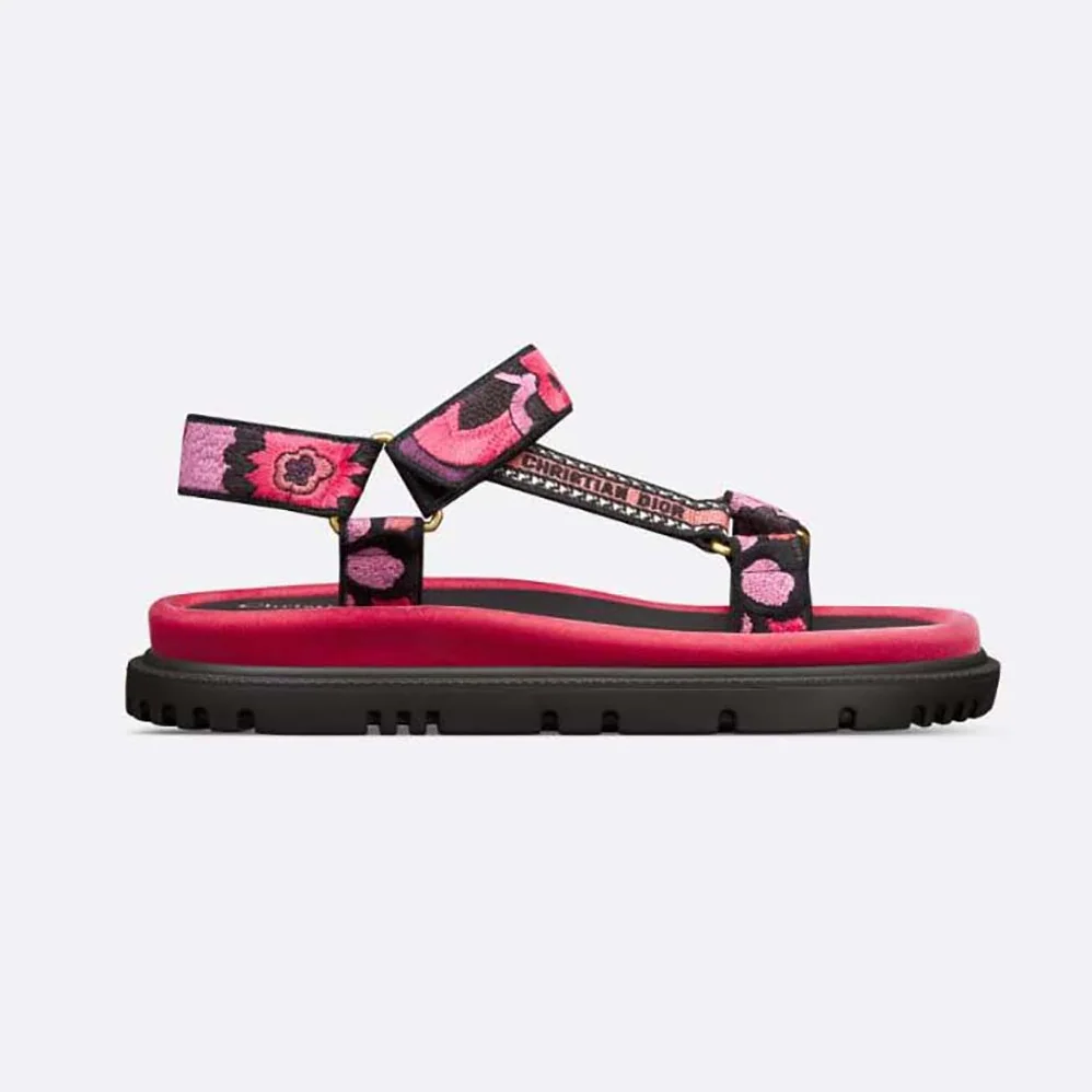 Dior D-wave Sandal Indy Pink Multicolor Cotton with Jardin Indien Embroidery for Women