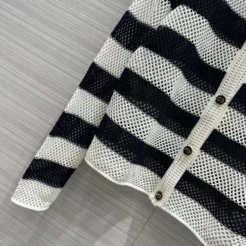 Dior Marinière Cardigan Navy Blue and White Openwork Cotton Knit for Women