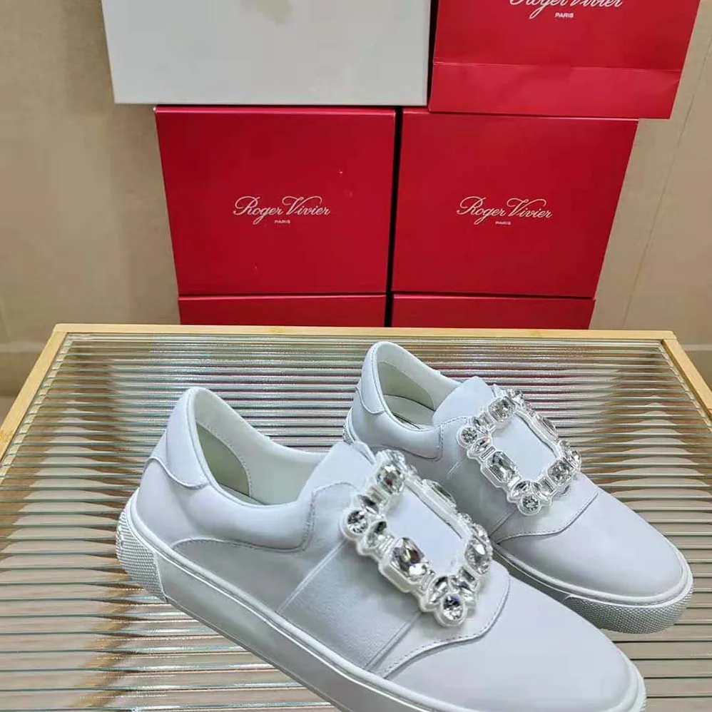 Roger Vivier Very Vivier Strass Buckle Sneakers in Leather for Women in White Roger Vivier Very Vivier Strass Buckle Sneakers in Leather for Women in White