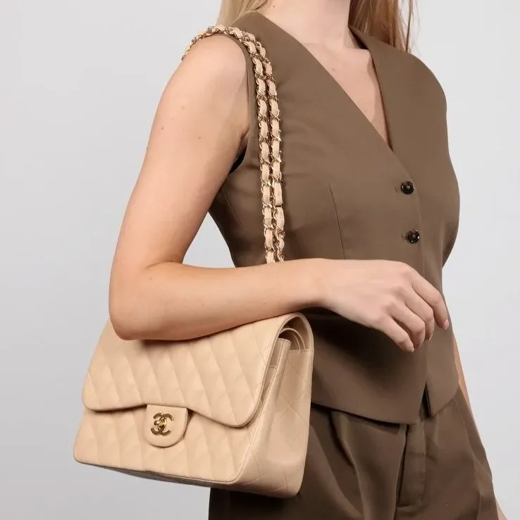 Chanel Classic Double Flap Bag Medium Crossbody in Beige Gold Hardware