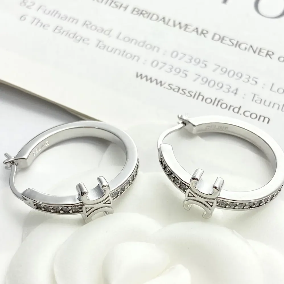Celine Triomphe Sparkle Hoops in Strass and Brass with Rhodium Finish for Women Celine Triomphe Sparkle Hoops in Strass and Brass with Rhodium Finish for Women