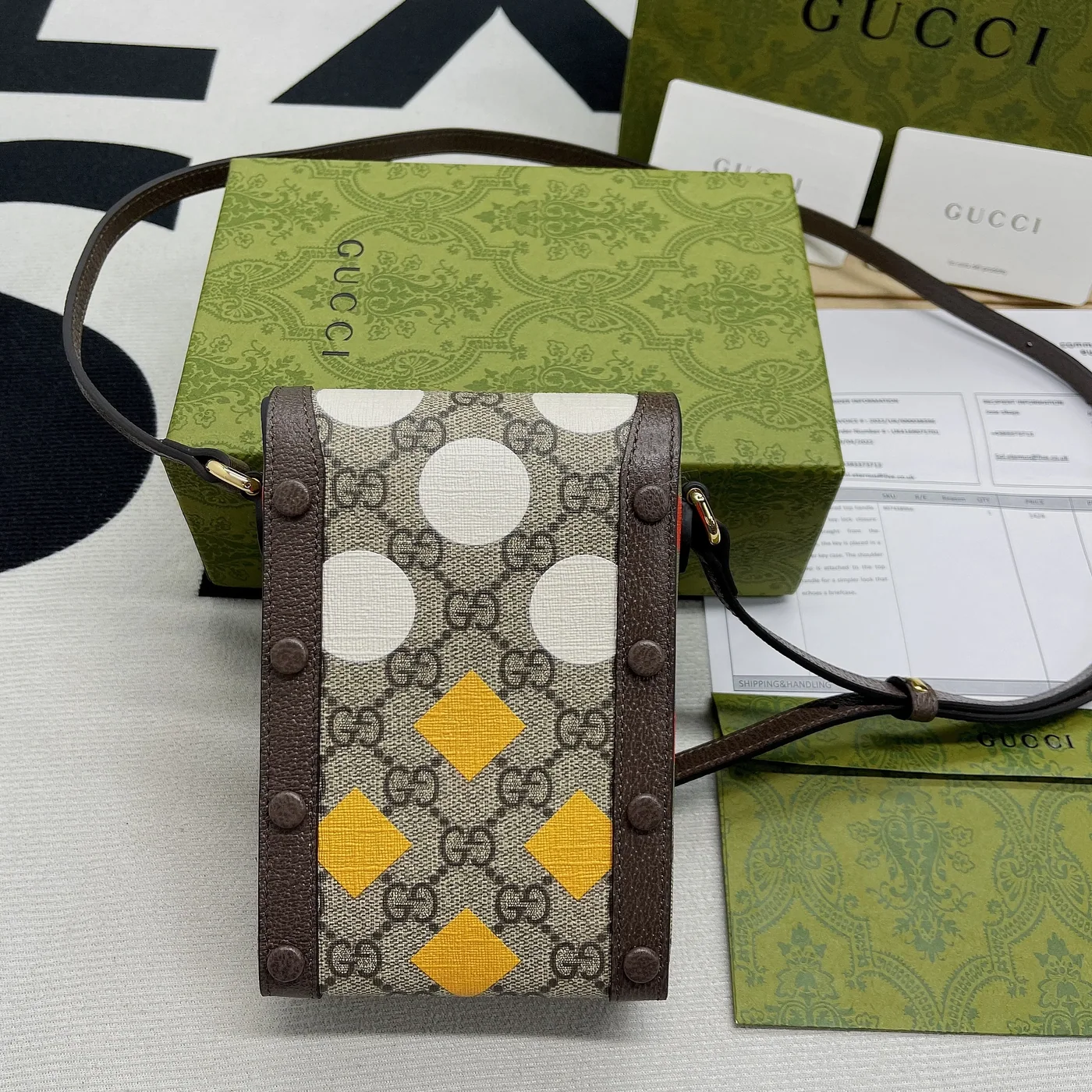 Gucci Horsebit 1955 Mini Bag / Beige/ Ebony GG Supreme Canvas With Geometric Print Gucci Horsebit 1955 Mini Bag / Beige/ Ebony GG Supreme Canvas With Geometric Print