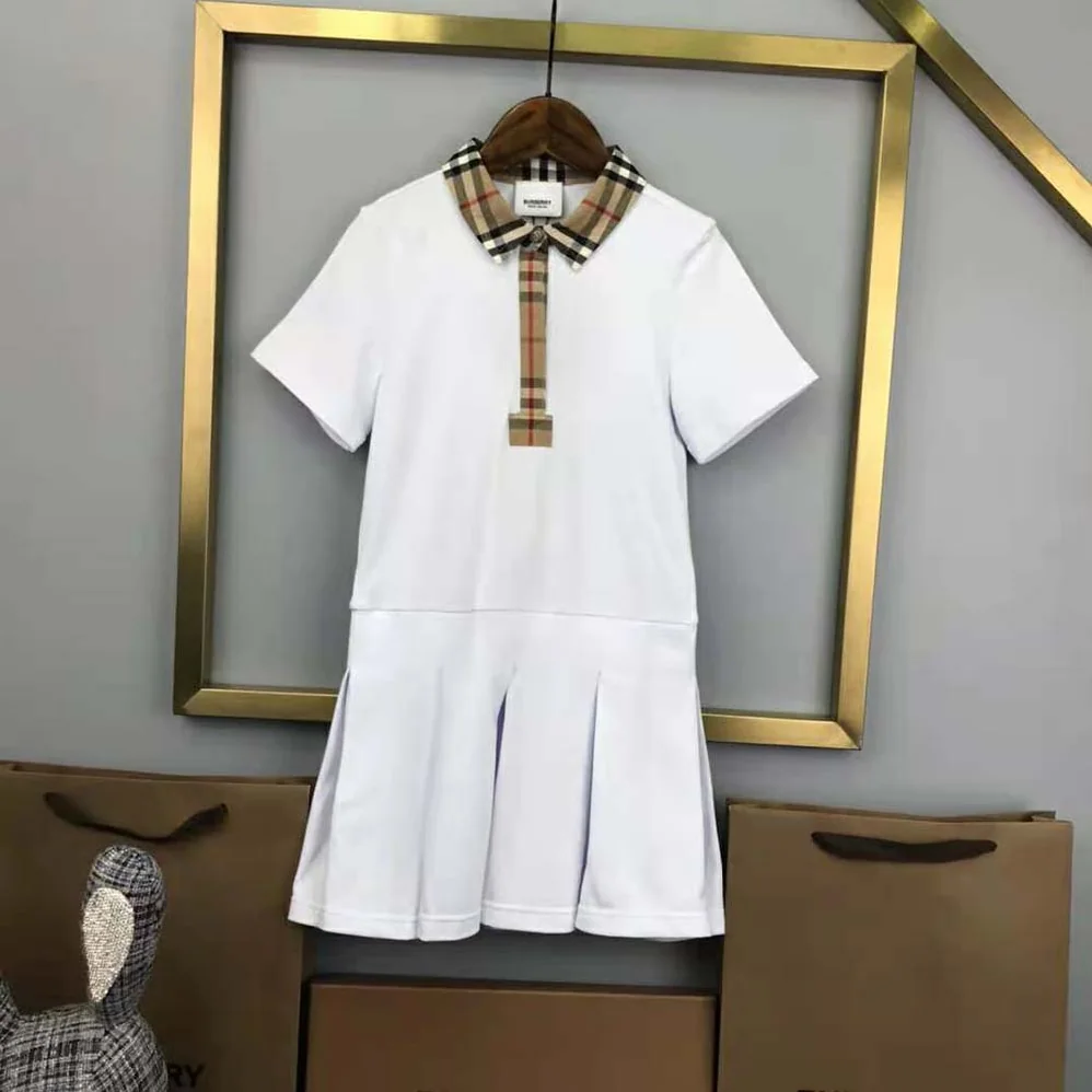 Burberry Girls' Vintage Check Trim Cotton Piqué Polo Shirt Dress in White Burberry Girls' Vintage Check Trim Cotton Piqué Polo Shirt Dress in White